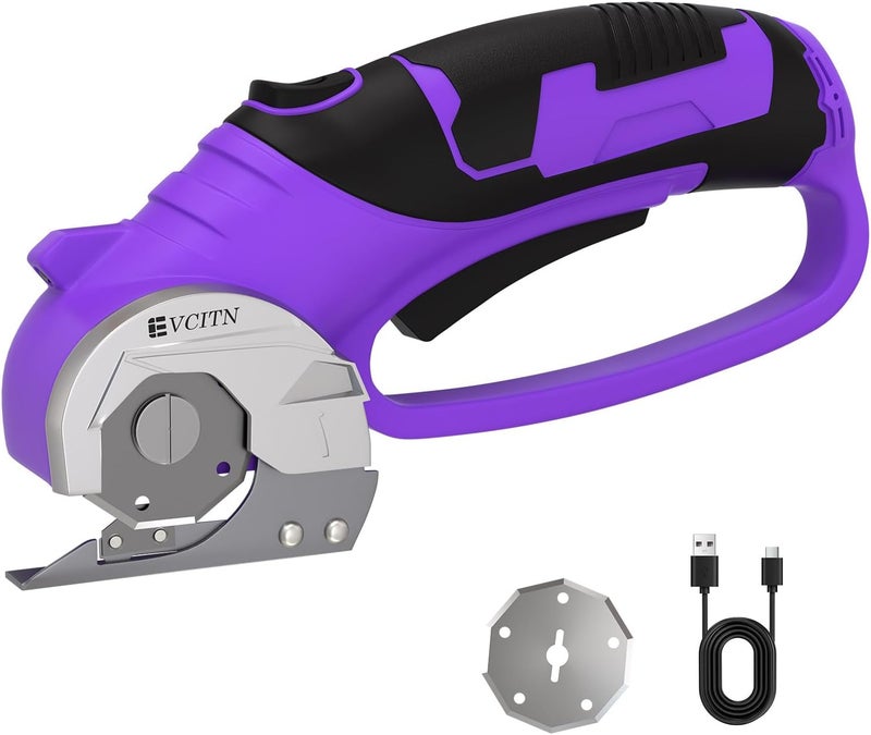 Evcitn Cordless Electric Scissors,4V Rechargeable Cardboard & Carpet Cutter,Electric Self-Sharpening Rotary Cutter for Fabric,Heavy Duty Scissor with LED Light for Crafts Leather or Plastic Packages,Purple - Image 1